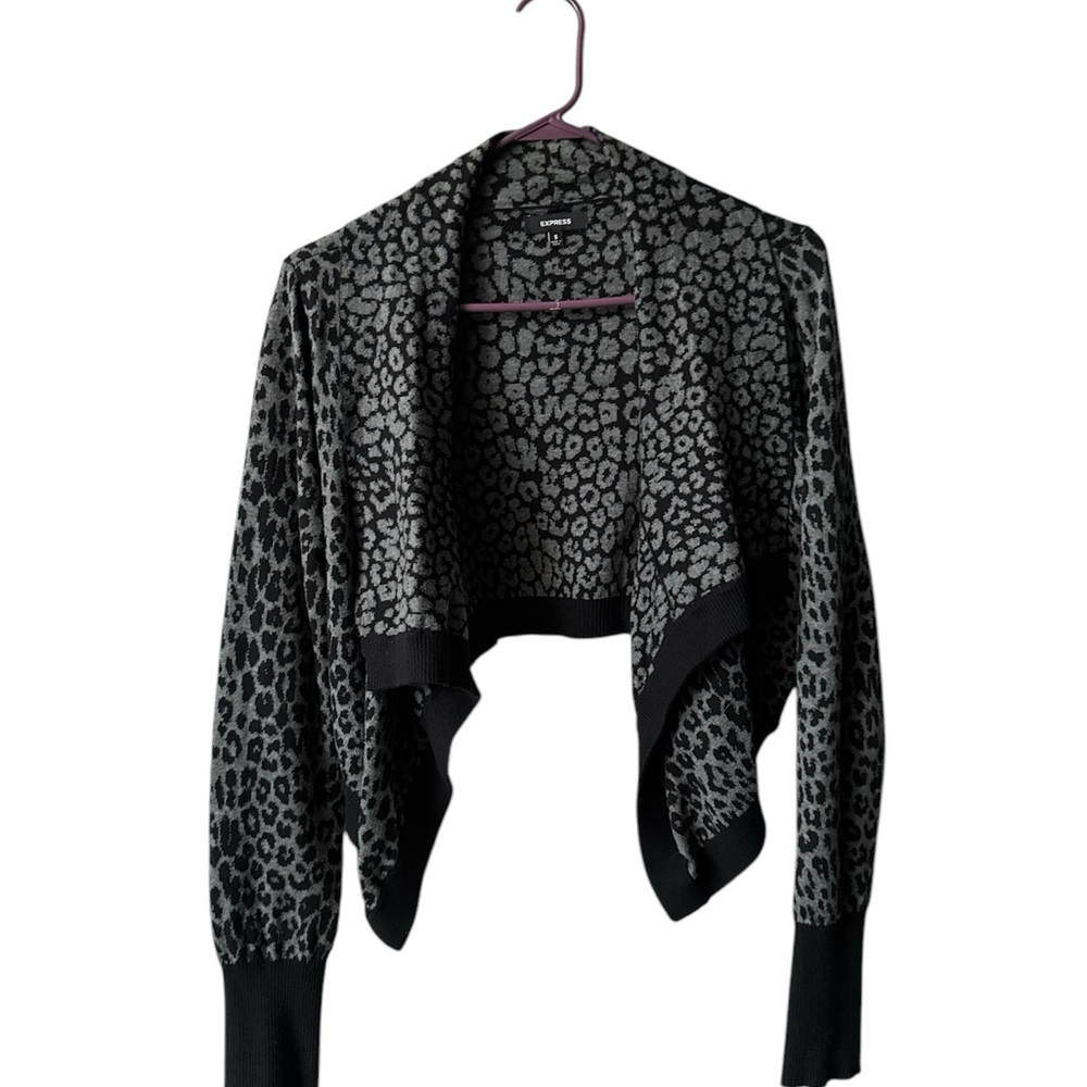 Express Black and Gray Cropped Leopard Print Draped Collar Sweater Shrug